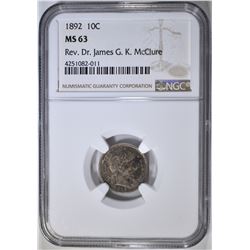1892 BARBER DIME  NGC MS-63