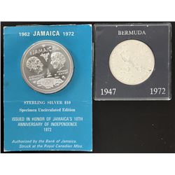 Bermuda;  1972 $1 50% silver, .72oz,  & Jamaica 1972 $10 dollar 92,5 sterling, 1,46oz.