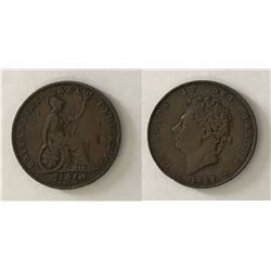 Great Britain;  1827 Half Penny - George IV.  Planchet peel and vertical line.  VF grade.