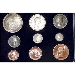 South Africa; 1955 9-coin Proof Set in original Mint Display Case. Coins have light iridescent blue 