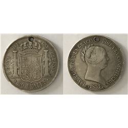 Spain;  1854 20 Reales, Fine+ holed.