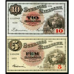 Sweden;  1952 5 Kronor #U894296 UNC & 1939 10 Kronor #G123943 EF.  Lot of 2 notes.