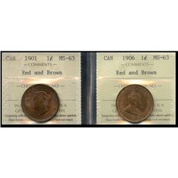 1901 1¢ & 1906 ICCS Choice Mint State-63RB.  Lot of 2 coins.