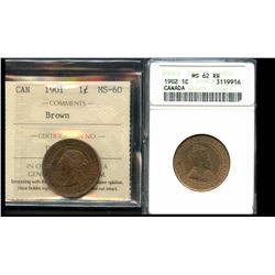 1901 1¢ ICCS Mint State-60 & 1902 ANACS Choice Mint State-62.  Lot of 2 coins.