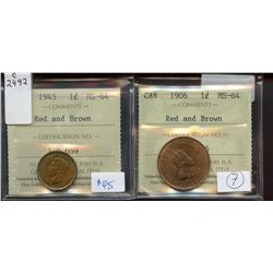 1901 1¢, 1909, 1912 Red and Brown, 1915 1¢ Red and Brown, ICCS graded MS-60 to MS-62.  Lot of 4 coin