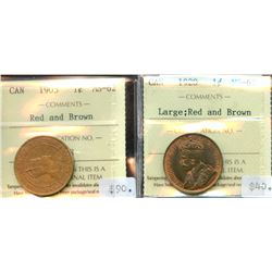 1905 1¢ & 1920 Lg ICCS Choice Mint State-62RB.  Lot of 2 coins.