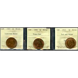 1907 1¢ Choice Mint State-63RB, 1909 Choice Mint State-62 Trace Red & 1912 Choice Mint State-62RB.  
