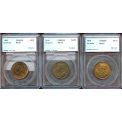 1909 1¢ MS61, 1915 Choice Mint State-62 & 1916 Choice Mint State-62.  Lot of 3 coins SEGS graded Red