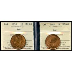 1910 1¢ & 1913 ICCS Choice Mint State-63RD.  Lot of 2 lustrous issues.