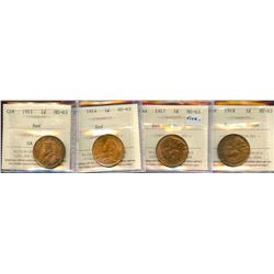 1911 1¢, 1914, 1917 all Choice Mint State-63RD & 1918 Choice Mint State-63RB.  Lot of 4 ICCS graded 