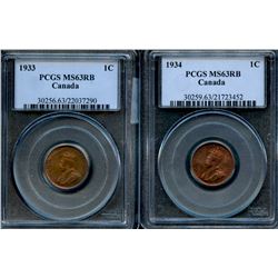 1933 1¢ & 1934 PCGS Choice Mint State-63RB.  Lot of 2 coins.