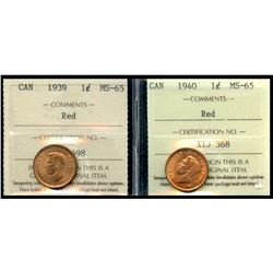 1939 1¢ & 1940 ICCS Gem Mint State-65RD.  Lot of 2 coins.