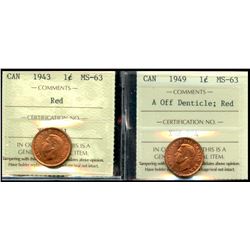 1943 1¢ & 1949 A Off ICCS Choice Mint State-63RD.  Lot of 2 coins.