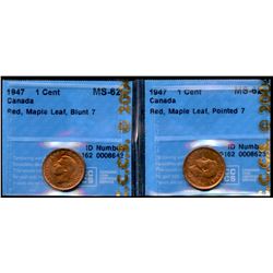 1947 1¢ ML Ptd & ML Blt, CCCS Choice Mint State-62RD.  Lot of 2 coins.
