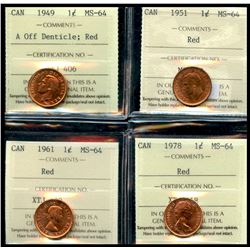 1949 1¢ A Off, 1951, 1961 & 1978 ICCS Choice Mint State-64.  Lot of 4 coins.