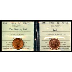 1983 1¢ Far Bds Gem Mint State-65RD & 1997 ICCS Superb Gem Mint State-66RD.  Lot of 2 coins.