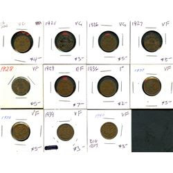 Lot of 1¢;  1920, 1921, 1926, 1927, 1928, 1929, 1936, 1937, 1938, 1939, 1940.  VG to EF. Lot of 11 c