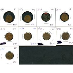 Lot of 1¢;  1920, 1921, 1926, 1928, 1929, 1936, 1937, 1939, 1940.  VG to VF. Lot of 9 coins.