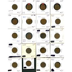 Lot of 1¢;  1929(4), 1936, 1937(18), 1939(20), 1940(12), 1963. F to EF.  Lot of 56 coins.