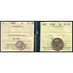 1892 5¢ & 1928 ICCS Choice Very Fine-30.  Lot of 2 coins.