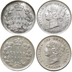 1896 5¢ & 1901 EF to EF+.  Lot of 2 coins both with light cleaning.