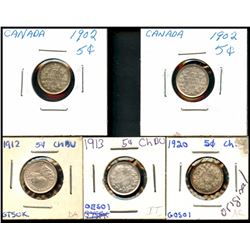 1902 5¢(2), 1912, 1913 & 1920.  Lot of 5 coins all AU to MS with lustre and some nice tones.