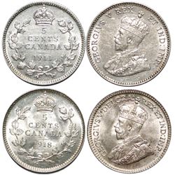 1911 5¢ EF & 1918 lustrous UNC.  Lot of 2 coins.  1918 some light hairlines.