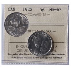 1922 5¢ ICCS Choice Mint State-63.