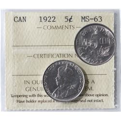 1922 5¢ ICCS Choice Mint State-63.