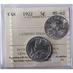 1922 5¢ ICCS Choice Mint State-62.