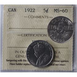 1922 5¢ ICCS Mint State-60.