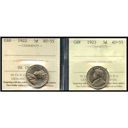 1922 5¢ & 1923 ICCS Choice About Uncirculated-55.  Lot of 2 coins.
