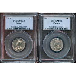 1922 5¢ & 1929 5¢ PCGS Choice Mint State-62.  lot of 2 coins