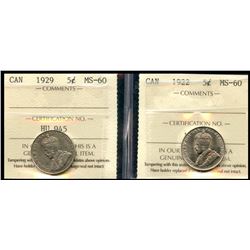 1922 5¢ & 1929 ICCS Mint State-60.  Lot of 2 coins.