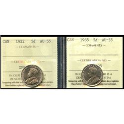 1922 5¢ & 1935 ICCS Choice About Uncirculated-55.  Lot of 2 coins.