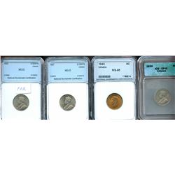 1922 5¢, 1927 NNC Choice Mint State-63, 1930 ICG Choice Extra-Fine-45 & 1943 NNS Gem Mint State-65. 