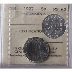 1927 5¢ ICCS Choice Mint State-62.