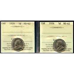 1928 5¢ & 1936 ICCS Choice Mint State-62.  Lot of 2 coins.