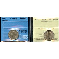 1937 5¢ CCCS Choice Mint State-63 & 1940 ICCS Choice Mint State-63.  Lot of 2 coins.