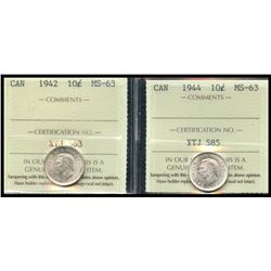 1942 10¢ & 1944 ICCS Choice Mint State-63.  Lot of 2 coins.