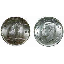 1943 10¢ ICCS Gem Mint State-65.  Sharp blast white example.