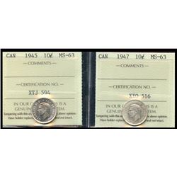 1945 10¢ & 1947 ICCS Choice Mint State-63.  Lot of 2 coins.