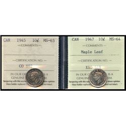 1945 10¢ Choice Mint State-63 & 1947 ML Choice Mint State-64.  Lot of 2 ICCS graded coins.