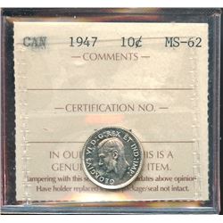1947 10¢ ICCS Choice Mint State-62.  Lustrous white.