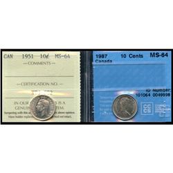 1951 10¢ ICCS Choice Mint State-64 & 1987 CCCS Choice Mint State-64.  Lot of 2 coins