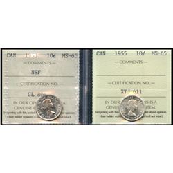 1953 10¢ NSF & 1955 ICCS Gem Mint State-65.  Lot of 2 coins.