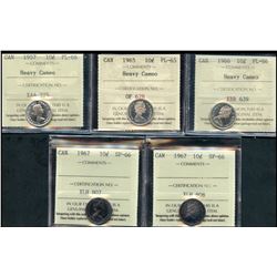 1957 10¢ PL66 HC, 1965 PL65 HC, 1966 PL66 HC & 1967 SP66(2).  Lot of 5 ICCS graded coins.