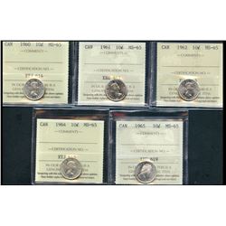1960 10¢, 1961, 1962, 1964 & 1965 ICCS Gem Mint State-65.  Lot of 5 coins.