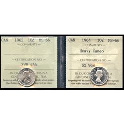 1962 10¢ & 1964 ICCS Superb Gem Mint State-66.  Lot of 2 coins with 1964 designated Heavy Cameo.