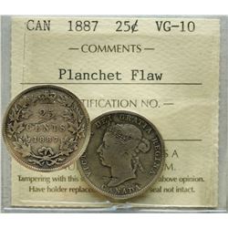1887 25¢ ICCS Very Good-10.  Designated with planchet flaw.